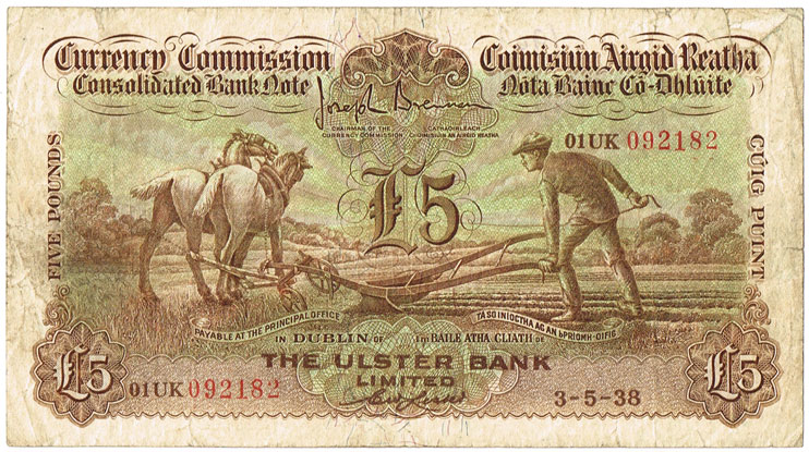Currency Commission Consolidated Banknote 'Ploughman' Ulster Bank Five Pounds, 3-5-38 at Whyte's Auctions