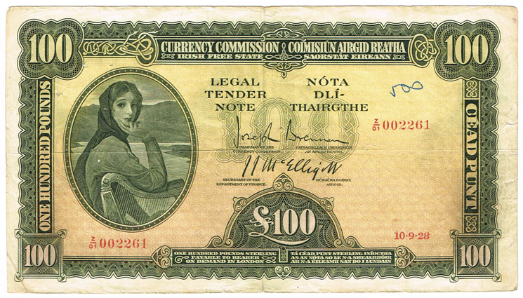 Currency Commission 'Lady Lavery' One Hundred Pounds, First Issue, 10-9-28. at Whyte's Auctions