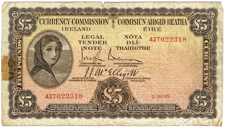 Currency Commission 'Lady Lavery' Five Pounds, 2-10-39. at Whyte's Auctions