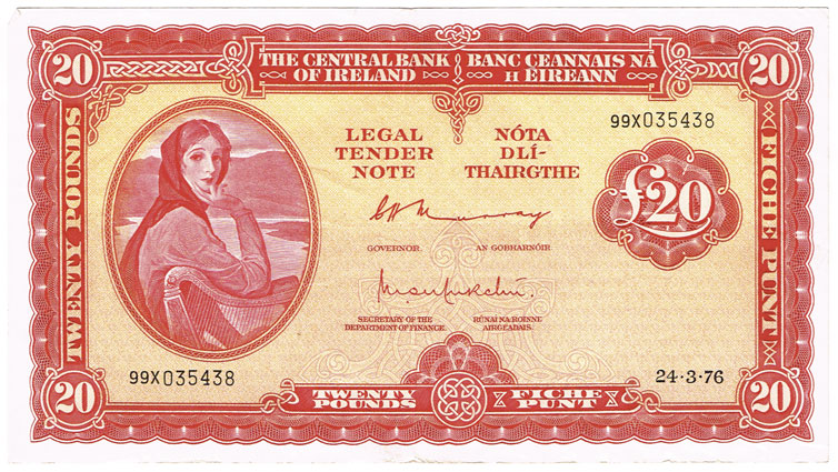 Central Bank 'Lady Lavery' Twenty Pounds, 24-3-76, a pair. at Whyte's Auctions