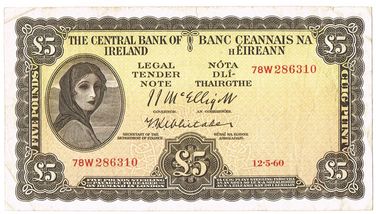 Central Bank 'Lady Lavery' Five Pounds, One Pound, and Bank of England One Pound mixed lot. at Whyte's Auctions