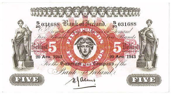 Bank of Ireland Northern Ireland Five Pounds 1943 at Whyte's Auctions