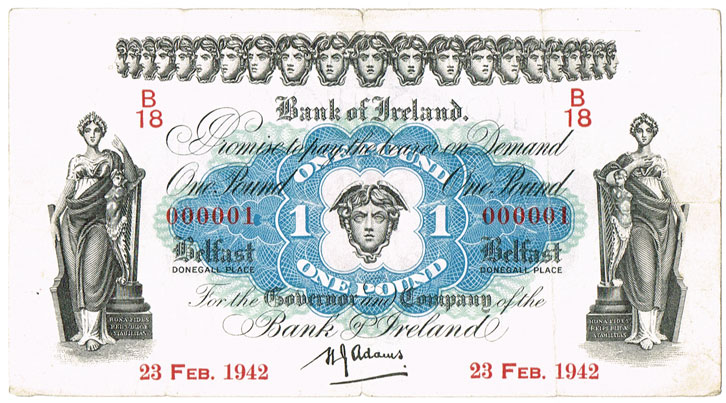 Northern Ireland. Bank of Ireland One Pound, 23 Feb. 1942 at Whyte's Auctions