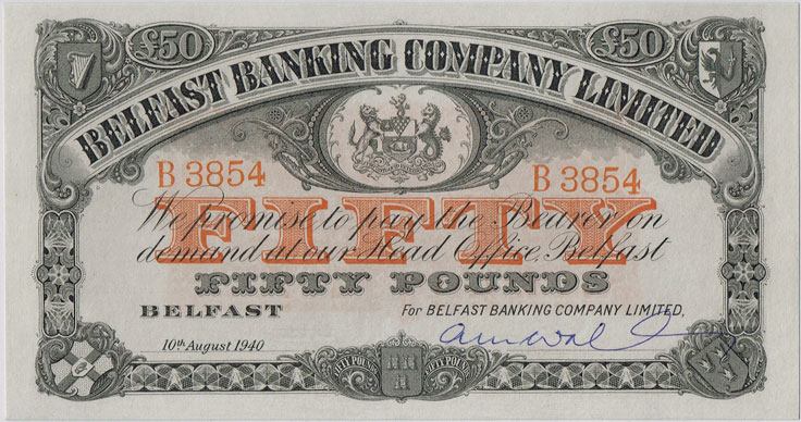 Northern Ireland. Belfast Banking Company Limited. Fifty Pounds, 10th August 1940. at Whyte's Auctions