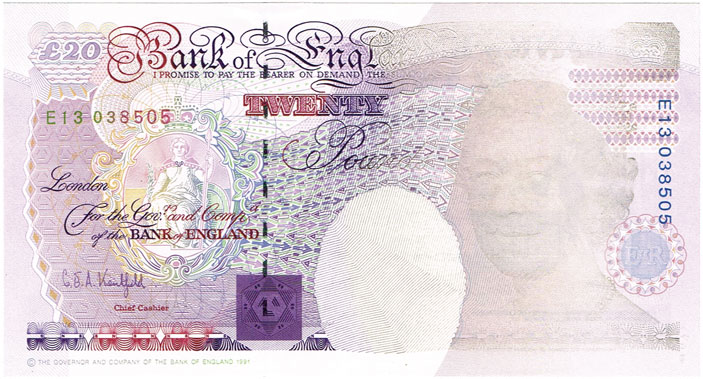 Great Britain. Banknote errors: Twenty Pounds and Ten Pounds with overprinted lines. at Whyte's Auctions