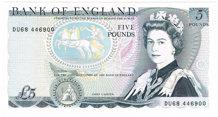 Great Britain. QEII Wellington Five Pounds with error Missing Signature at Whyte's Auctions