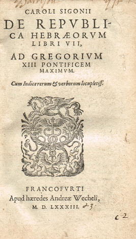 SIGONIUS ( Carolus ). De Republica Hebraeorum libri VII, ad Gregorium XIII Pontificem Maximum at Whyte's Auctions