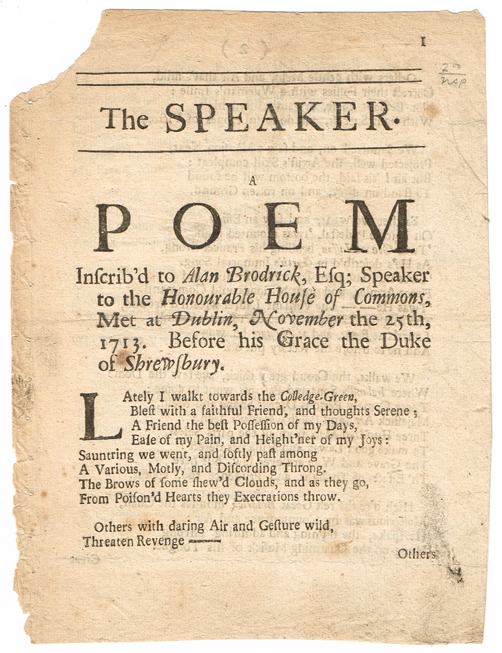 SPEAKER, The. The Speaker. A Poem Inscribd to Alan Brodrick at Whyte's Auctions
