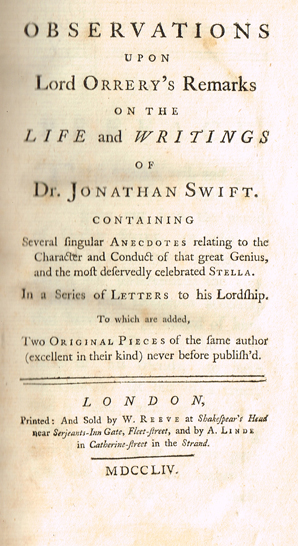 SWIFT : - DELANY ( Patrick ). Observations upon Lord Orrery's Remarks on the life and writings of Dr. Jonathan Swift  To which are add at Whyte's Auctions
