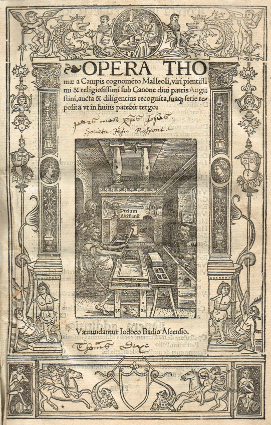 THOMAS,  KEMPIS. Opera  aucta & diligentius recognita  [Paris:] Vaenundantur Iodoco Badio Ascensio (1523) <X>The title-page with a f at Whyte's Auctions