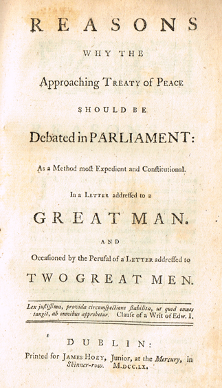 [RUFFHEAD ( Owen )]. Reasons why the approaching treaty of peace should be debated in Parliament : as a method most expedient and const at Whyte's Auctions