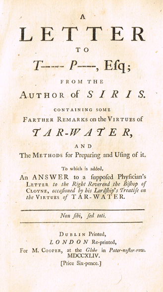 [BERKELEY ( George )]. A letter to T----- P---- [Thomas Prior], Esq ; From the auth or of Siris. Containing some farther remarks on the at Whyte's Auctions