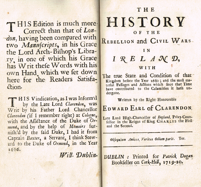 CLARENDON ( Edward Hyde ), Earl of. The history of the rebellion and civil wars in Ireland at Whyte's Auctions
