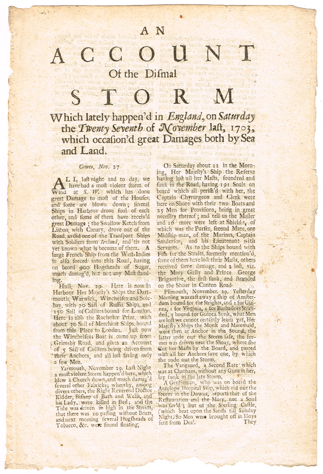 DISMAL STORM. An account of the dismal storm which lately happend in England, on Saturday the twenty-seventh of November last at Whyte's Auctions