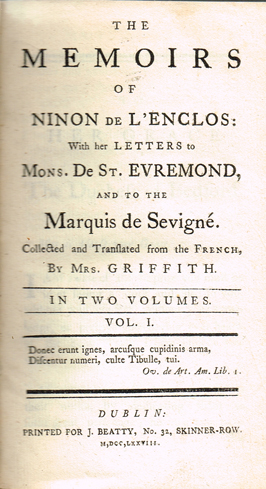 [DOUXMENIL ( )]. The memoirs of Ninon de l'Enclos : with her letters to Monsr. De St. Evremond, and to the Marquis de Sevigne. Collecte at Whyte's Auctions