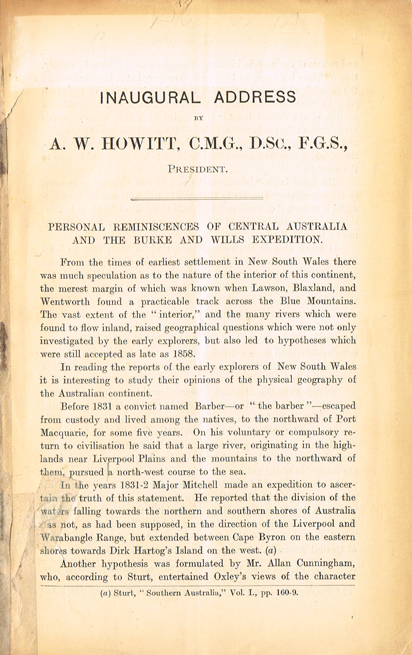 HOWITT ( Alfred Wm. ), FGS. Inaugural address by A. W. Howitt at Whyte's Auctions