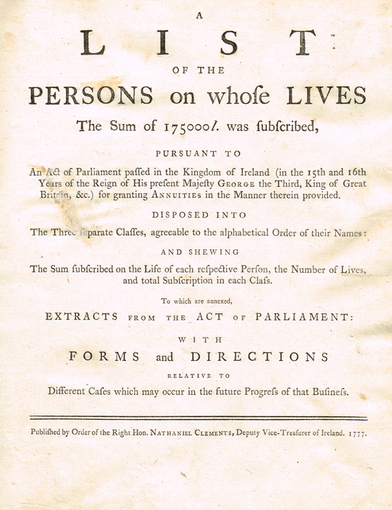 IRISH TONTINES. A list of the persons on whose lives the sum of 175000l. was subscribed, pursuant to an act of parliament in the kingdo at Whyte's Auctions