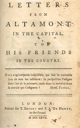[JENNER ( Charles )]. Letters from Altamont in the Capital, to his Friends in the Country. Printed for T. Becket and P. A. De Hondt, 17 at Whyte's Auctions