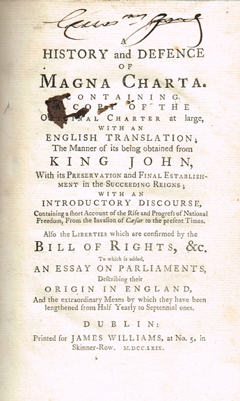 [JOHNSON ( Samuel )]. A history and defence of Magna Charta. Containing a copy of the original charter at large, with an English transl at Whyte's Auctions