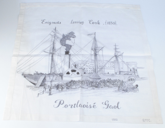 1982: 'Portlaoise Gaol' Republican prisoner art handkerchief 'Emigrants leaving Cork 1850' at Whyte's Auctions