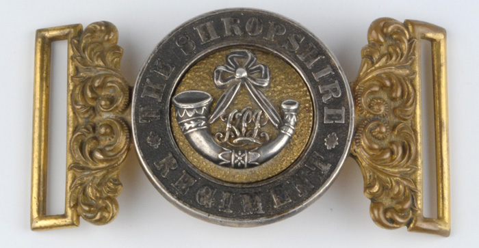 1860-1881: Shropshire Regiment officer's waist belt clasp and Shropshire Rifle Volunteer Corps helmet plate at Whyte's Auctions