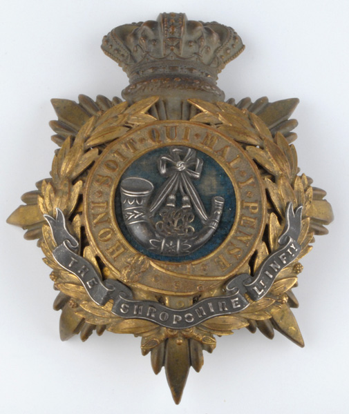 circa 1882-1901: Shropshire Light Infantry officer's helmet plate and forage cap badge at Whyte's Auctions