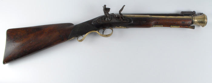 19th Century: 'Rogers' flintlock blunderbuss with spring bayonet at Whyte's Auctions