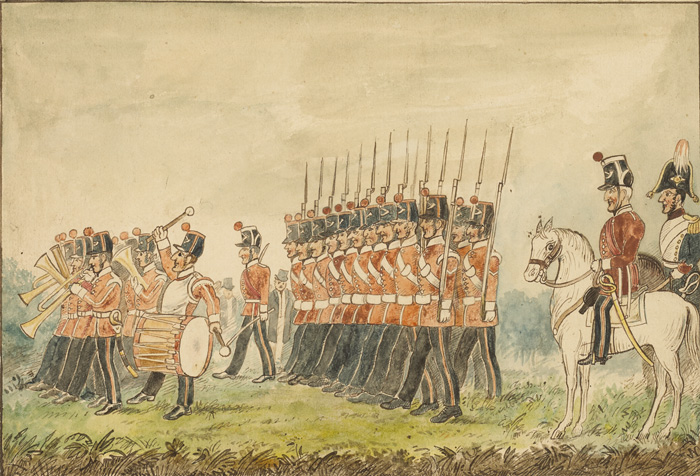circa 1870: Drawing of County of Dublin Militia reviewed by their Colonel Lord Meath at Whyte's Auctions