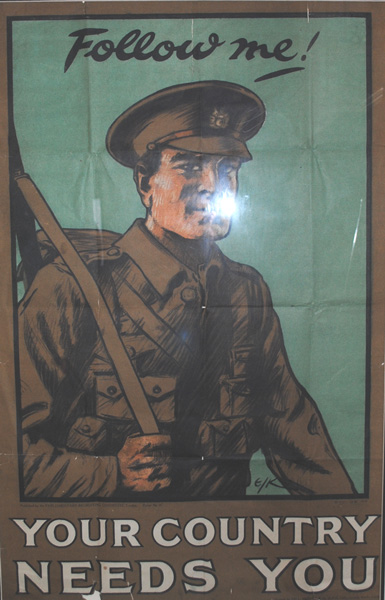 1914-18: 'Follow Me! Your Country Needs You' recruitment poster at Whyte's Auctions