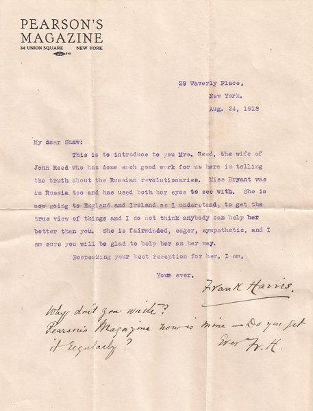 1918 (24 August) Frank Harris signed letters to George Bernard Shaw and Louise Bryant at Whyte's Auctions