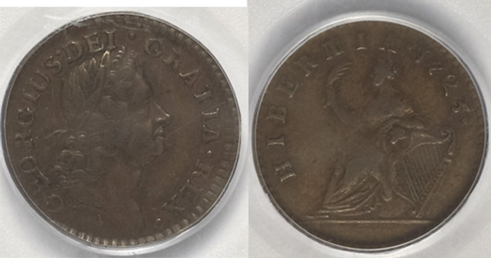 George I. Hibernia farthing of William Wood. A rare type in high grade condition. at Whyte's Auctions
