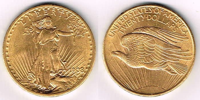 USA Gold Saint-Gaudens' twenty dollars, 1908 at Whyte's Auctions