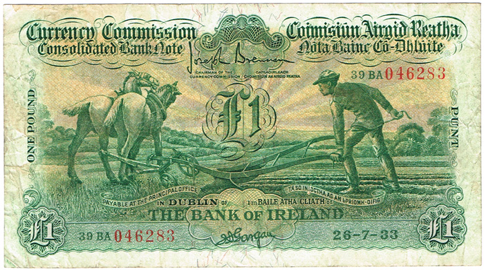Currency Commission Consolidated Banknote 'Ploughman' One Pound, Bank of Ireland, 26-7-33 at Whyte's Auctions
