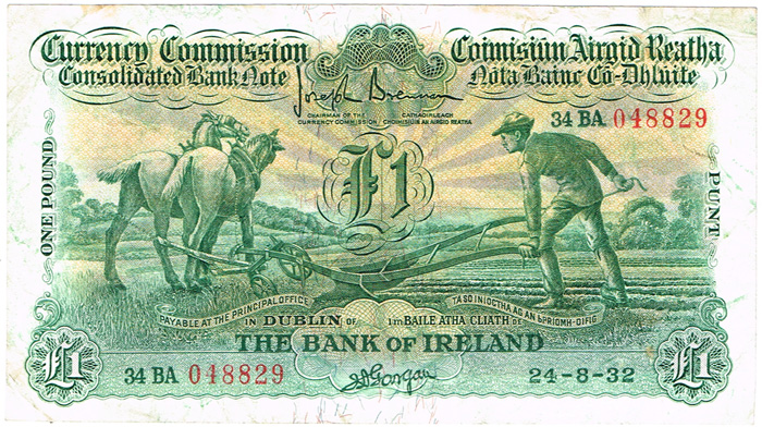 Currency Commission Consolidated Banknote 'Ploughman' Bank of Ireland One Pound 24-8-32 at Whyte's Auctions