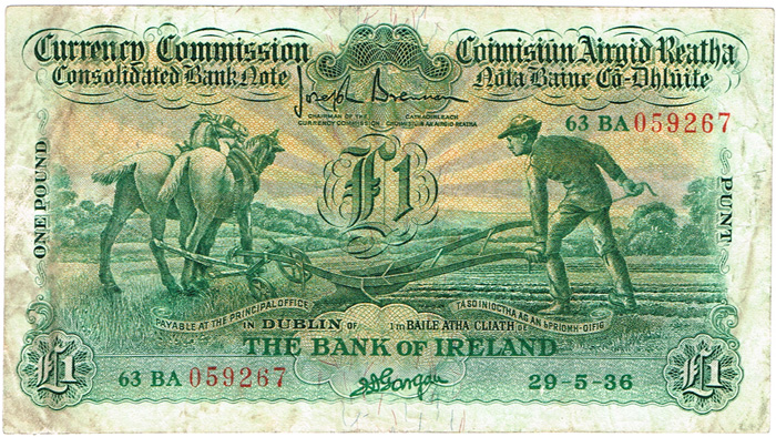 Currency Commission Consolidated Banknote 'Ploughman' Bank of Ireland One Pound, 29-5-36 at Whyte's Auctions