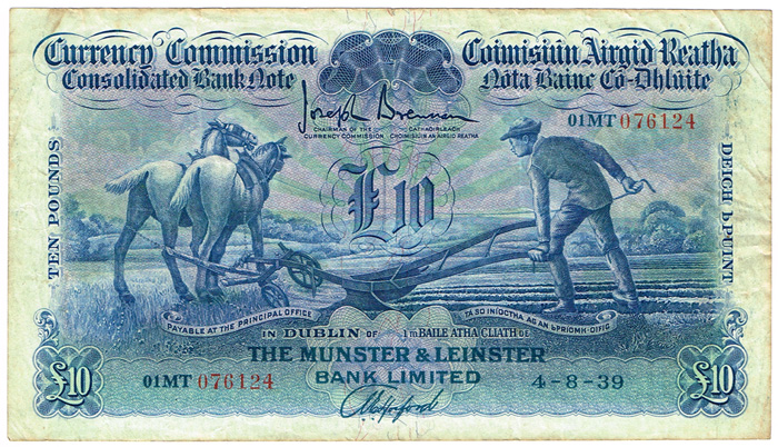 Currency Commission Consolidated Banknote 'Ploughman' Munster & Leinster Bank Ten Pounds, 4-8-39 at Whyte's Auctions