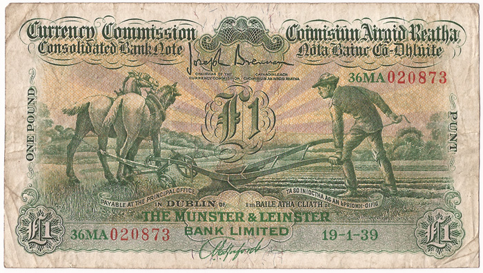 Currency Commission Consolidated Banknote 'Ploughman' One Pound, Munster & Leinster Bank, 19-1-39 at Whyte's Auctions