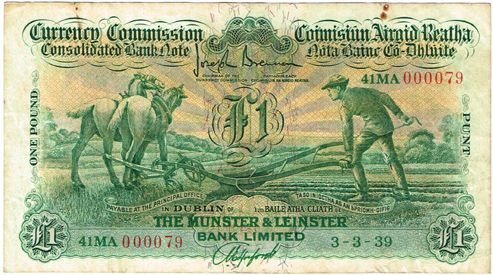Currency Commission Consolidated Bank Note, Munster & Leinster One Pound, 3-3-39 at Whyte's Auctions