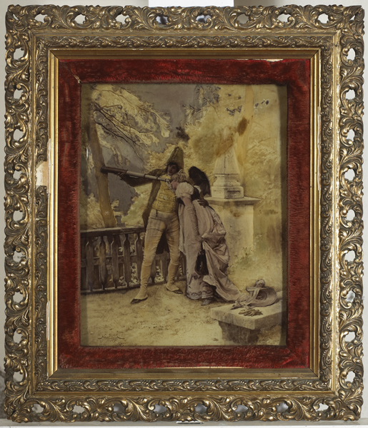 PORTRAIT OF A LADY AND GENTLEMAN PEERING THROUGH A TELESCOPE, 1891 and COUPLE EMBRACING ON HORSEBACK (A PAIR) at Whyte's Auctions