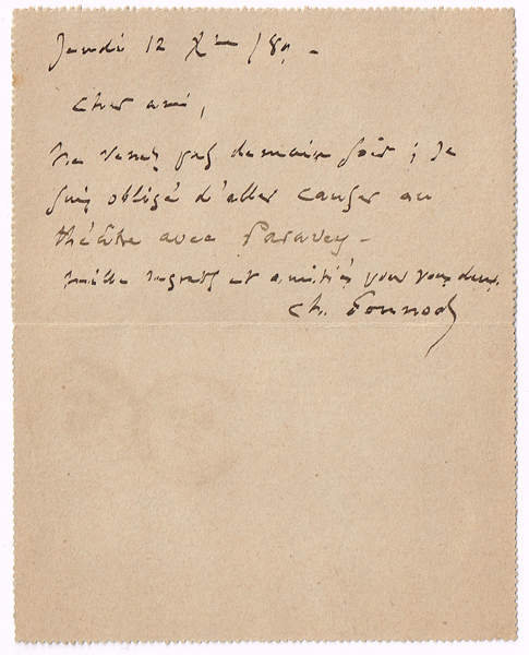 Charles Gounod (1818-1903), French composer. Handwritten signed letter. at Whyte's Auctions