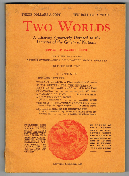[Joyce, James]. Two Worlds edited by Samuel Roth, Volume 1, parts 1-4, including parts of Finnegan's Wake. at Whyte's Auctions