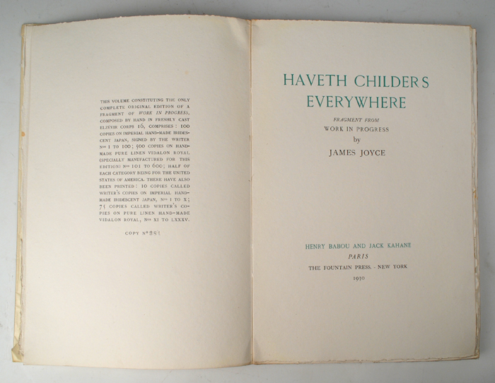 Joyce, James. Haveth Childers Everywhere, limited edition. at Whyte's Auctions