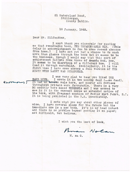 1962 (18 January) Brian O'Nolan (Flann O'Briain, Myles na gCopaleen) letter to JB Kilfeather at Whyte's Auctions