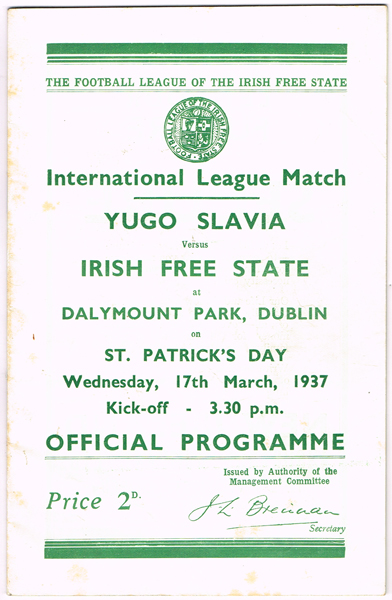 Football. 1937 (17 March) Irish Free State v Yugoslavia match programme at Whyte's Auctions