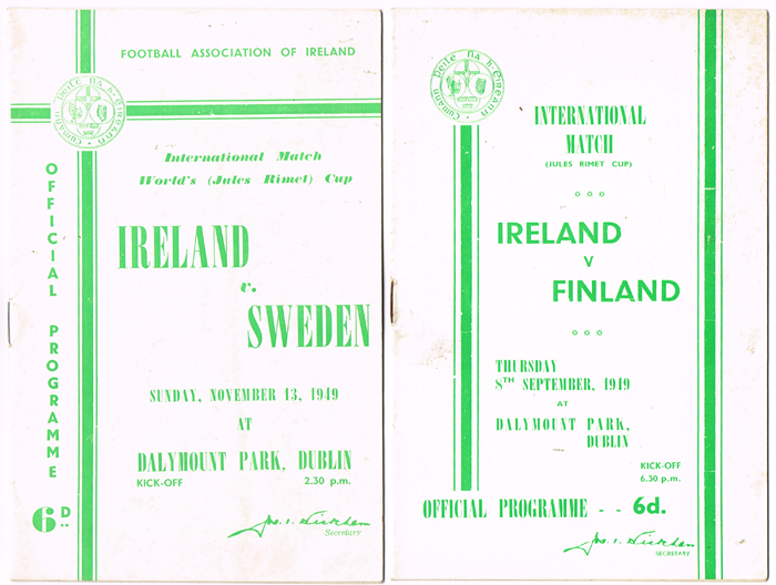 Football. 1949 Ireland international programmes v Sweden and v Finland at Whyte's Auctions