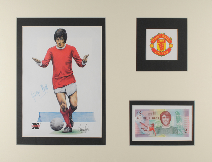Football. George Best framed display piece with autograph and Five Pounds banknote at Whyte's Auctions