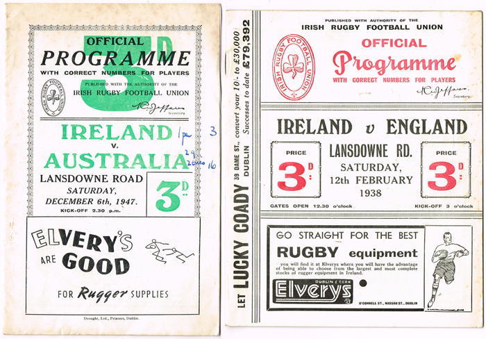 Rugby: Collection of Irish international programmes including v England 12/02/1938 and signed dinner menu at Whyte's Auctions