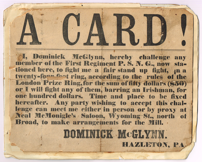 Boxing. 19th Century: United States Army fight challenge proclamation card I will fight any of them, barring an Irishman..."" at Whyte's Auctions