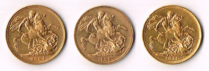 Victoria gold sovereigns 1871,1882 and 1884. at Whyte's Auctions
