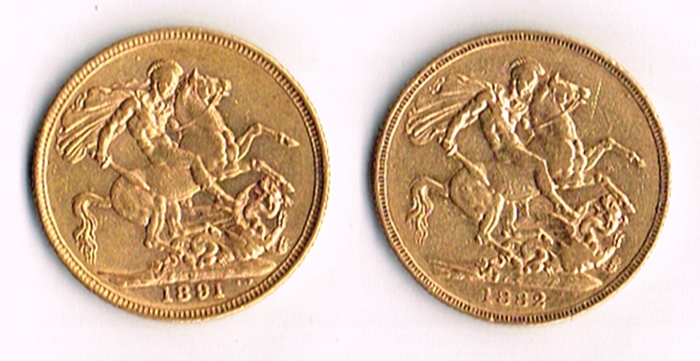 Victoria gold sovereigns 1882 and 1891. at Whyte's Auctions
